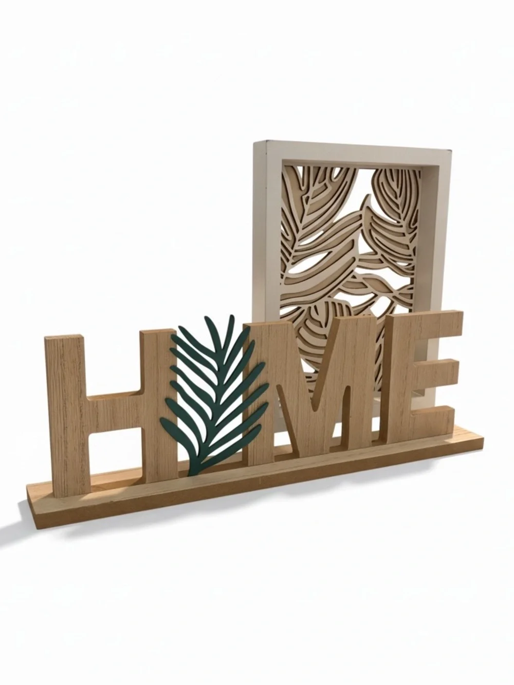 Wooden 'HOME' Tabletop Sign with Green Leaf Accent - Picture 3 of 7